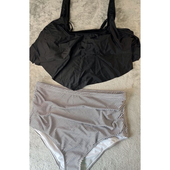 Black Ruffle Tankini Top & Striped High Waist Swimsuit Bottoms - Picture 1 of 10